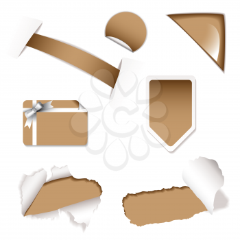 Brown shop sale icons with torn paper and gift card