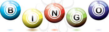Set of brightly coloured bingo balls bouncing on a white background with shadows