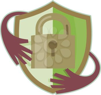 Royalty Free Clipart Image of a Padlock on a Shield With Hands