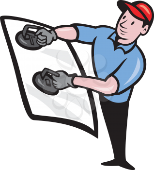 Illustration of an automotive glass installer installing windshield done in cartoon style on isolated white background.