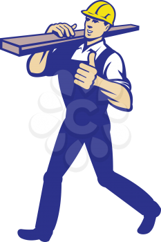 Illustration of a carpenter tradesman worker carrying timber lumber wood on shoulder walking thumb up on isolated white background.