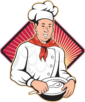 Illustration of a chef, cook or baker done in retro style on isolated white background with diamond shape and sunburst