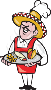 Illustration of a cartoon Mexican chef cook wearing chef hat and sombrero serving plate full of tacos burrito and corn chips on isolated background.