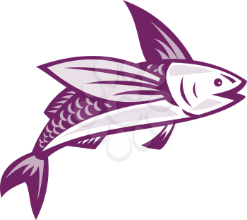 Illustration of a flying fish done in retro style on isolated white background.