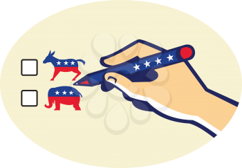 Illustration of a hand writing with pen voting american election ballot for democrat or republican party.