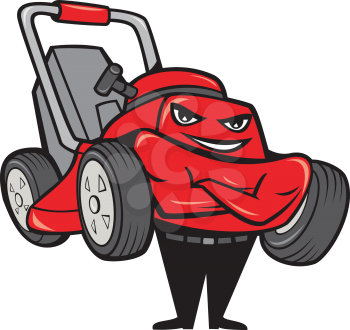 Illustration of lawn mower man smiling standing with arms folded facing front done in cartoon style on isolated white background.