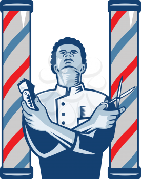 Illustration of an african american barber with arms crossed holding a hair clipper and a pair of scissors with upright barber's  pole on isolated white background.