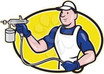 Illustration of spray painter with spray paint gun done in cartoon style with oval shape on isolated white background.