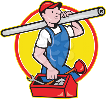 Illustration of a plumber carrying pipe and toolbox running done in cartoon style on isolated background.