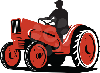 Illustration of a farmer tractor driving vintage tractor on isolated background done in retro style