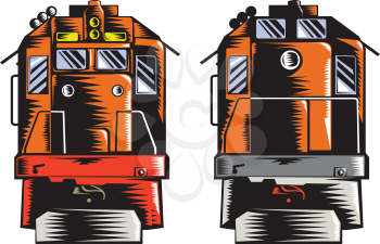 Illustration of a diesel train viewed from front and rear done in retro woodcut style on isolated white background.