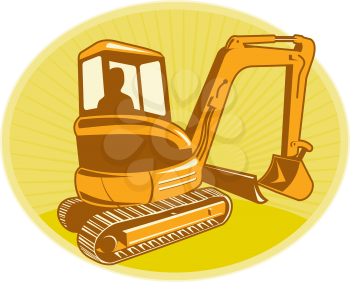 Illustration of a construction digger mechanical excavator done in retro style .