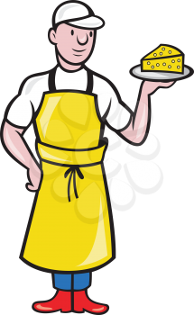 Illustration of a cheesemaker standing holding a plate with slice of cheese facing front on isolated background.
