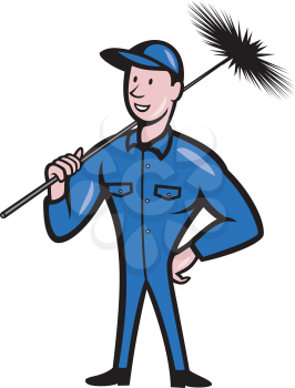 Illustration of a chimney sweeper cleaner worker with sweep broom viewed from front done in cartoon style.