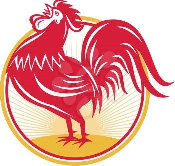 Illustration of a rooster cockerel crowing facing side set inside circle done in retro style