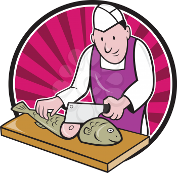 Retro style illustration of a butcher fishmonger sushi chef cutter worker with meat cleaver knife chopping fish facing front set inside circle on isolated background.