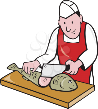 Retro style illustration of a butcher fishmonger sushi chef cutter worker with meat cleaver knife chopping fish facing front on isolated background.