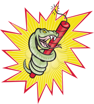 Illustration of a rattle snake coiling on dynamite stick about to explode done in cartoon style.