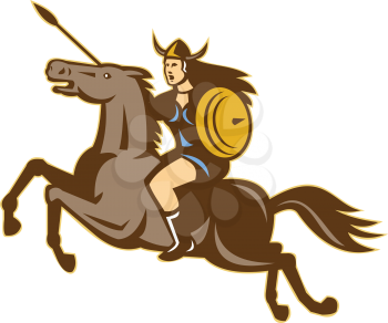 Illustration of valkyrie of Norse mythology female rider warriors riding horse with spear done in retro style.