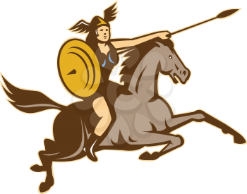 Illustration of valkyrie of Norse mythology female rider warriors riding horse with spear done in retro style.