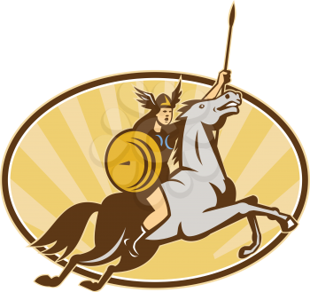 Illustration of valkyrie of Norse mythology female rider warriors riding horse with spear done in retro style.