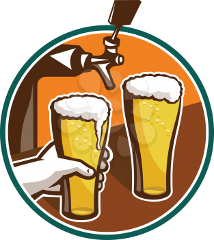 Illustration of two glass full pint of beer with hand holding and tap in background set inside circle.