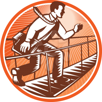 Illustration of a businessman with satchel bag walking running crossing foot bridge done in retro woodcut style set inside circle.