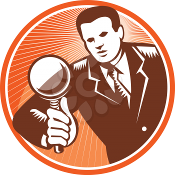 Illustration of a businessman facing front looking holding magnifying glass lens done in retro woodcut style set inside circle.