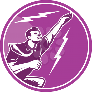 Illustration of a businessman rebounding jumping fyling up viewed from side with lightning bolt set inside circle done in retro wooduct style.