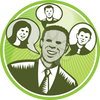 Illustration of a black african american businessman facing front smiling with speech bubble with happy people inside done in retro woodcut style set inside circle.