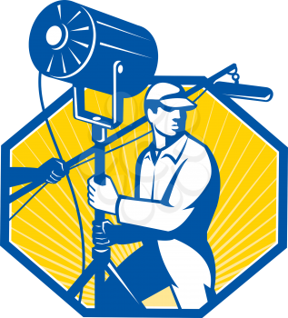 Illustration of a electrical lighting technician crew with fresnel spotlight and sound boom microphone set inside hexagon done in retro style.