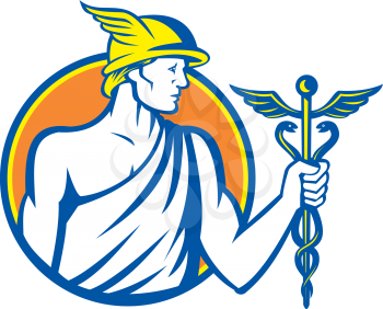 Illustration of Roman god Mercury patron god of financial gain, commerce, communication and travelers wearing winged hat and holding caduceus a herald's staff with two entwined snakes looking to side 