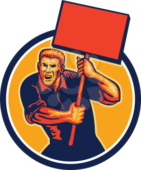 Illustration of a militant protester activist unionist union worker striking holding up a placard sign shouting done in retro style set inside circle.