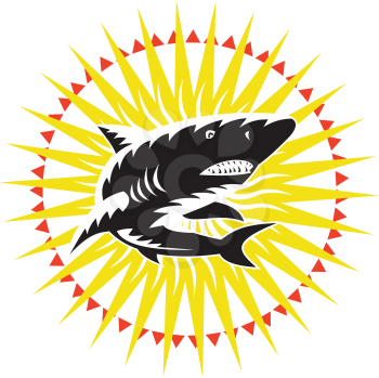 Illustration of a shark swimming up with sunburst in background done in retro woodcut style.