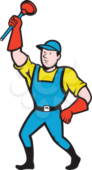 Illustration of a super plumber wielding holding plunger done in cartoon style on isolated background.