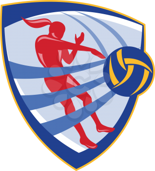 Illustration of a volleyball player spiker spiking hitting ball set inside crest shield done in retro style.