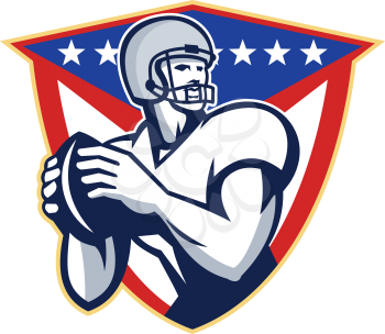 Illustration of an american football gridiron quarterback player throwing ball facing side set inside crest shield with stars and stripes flag done in retro style.