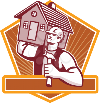 Illustration of a builder construction worker with hammer carrying house on shoulder set inside shield done in retro style.