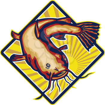 Illustration of a ray-finned fish catfish also known as mud cat, polliwogs or chucklehead jumping set inside diamond shape with sunburst done in retro style.