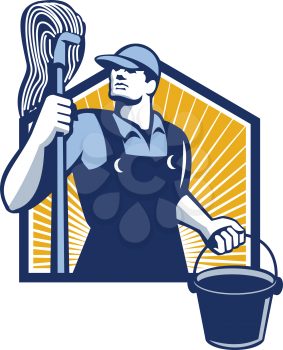 Illustration of a janitor cleaner worker holding mop and water bucket pail viewed from low angle done in retro style.