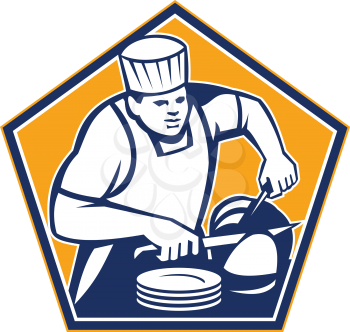 Illustration of a chef cook with knife slicing leg of ham meat set inside pentagon done in retro style.