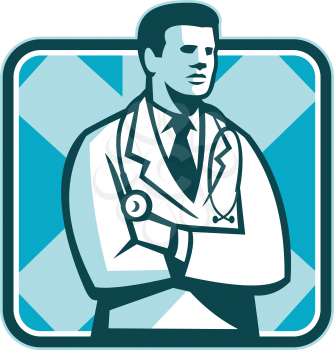 Illustration of a male medical doctor with stethoscope standing facing side set inside square done in retro style.