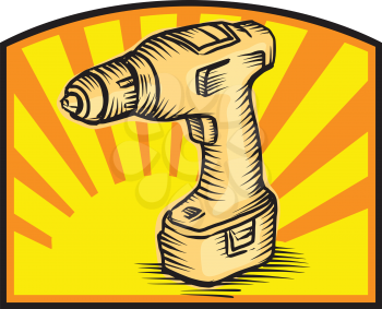 Illustration of a cordless drill powertool set inside rectangle with sunburst done in retro style.