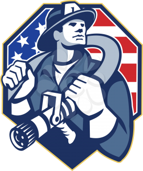 Illustration of an American fireman fire fighter emergency worker slinging a fire hose on shoulder set inside shield with USA stars and stripes flag done in retro style.
