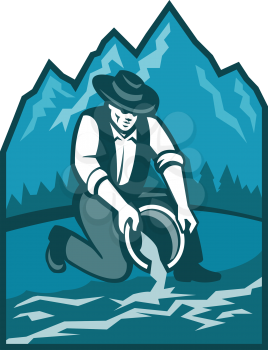 Illustration of a gold digger miner prospector with pan panning for gold in river done in retro style with mountains in background.