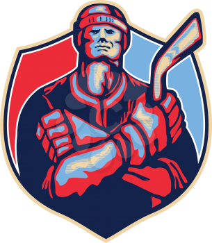 Illustration of an ice hockey player holding stick with arms crossed facing front done in retro style.