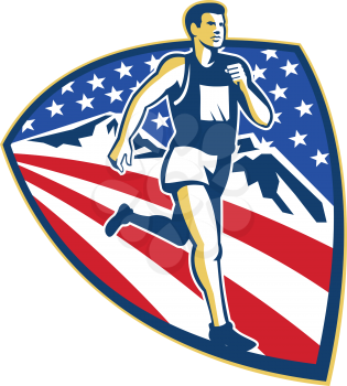 Illustration of an American marathon triathlete runner running set inside shield with mountains and stars and stripes done in retro style.