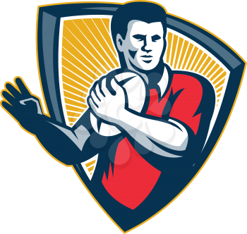 Illustration of a rugby player running with the ball set inside crest shield done in retro style.