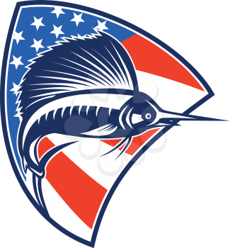 Illustration of a sailfish fish jumping with American stars and stripes flag in background set inside shield done in retro style.