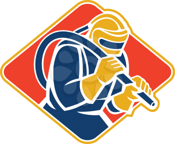 Illustration of a sandblaster worker holding sandblasting hose wearing helmet visor set inside diamond shape done in retro style.